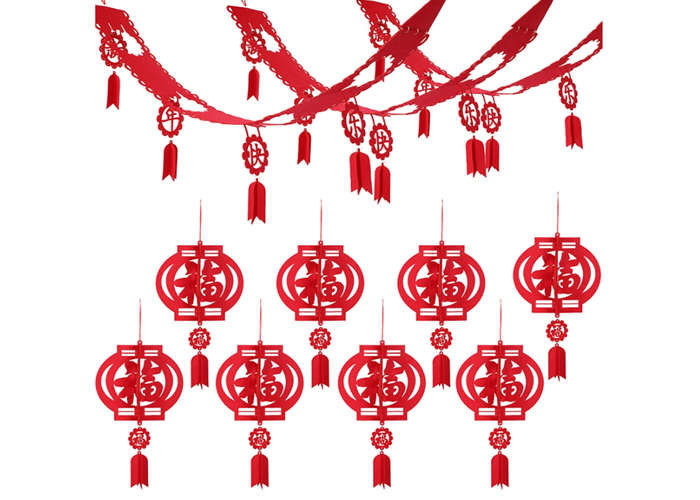 Chinese Red Fu Thick 3D 10ft Felt Lanterns With Happy New Year Banner